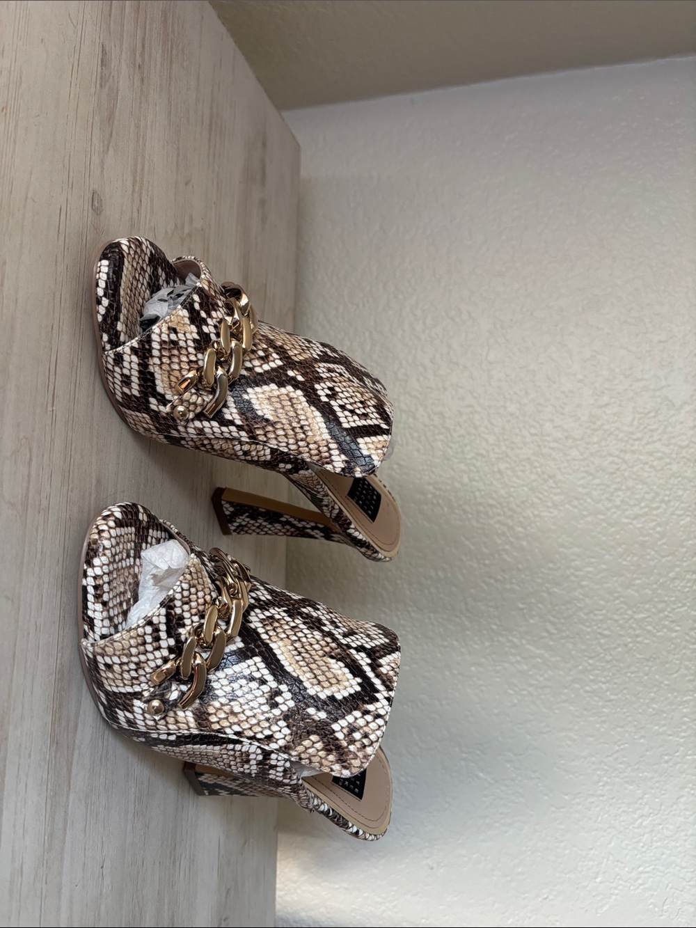White House Black Market Snakeskin Print Chain Mules - Brown/Black/Cream